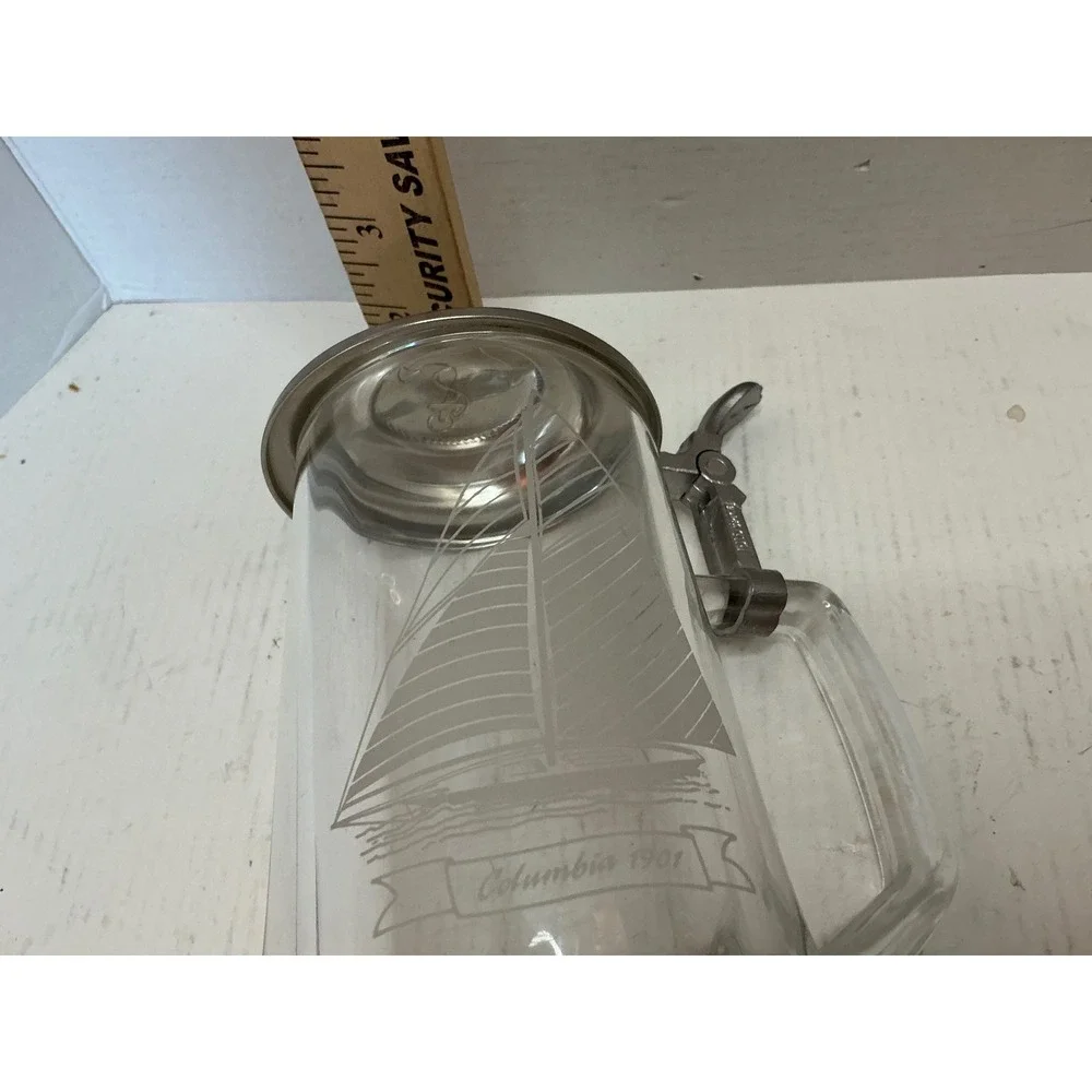 Vintage Glass Beer Stein Etched Columbia 1901 Sailboat Anchor Metal Lid Tankard